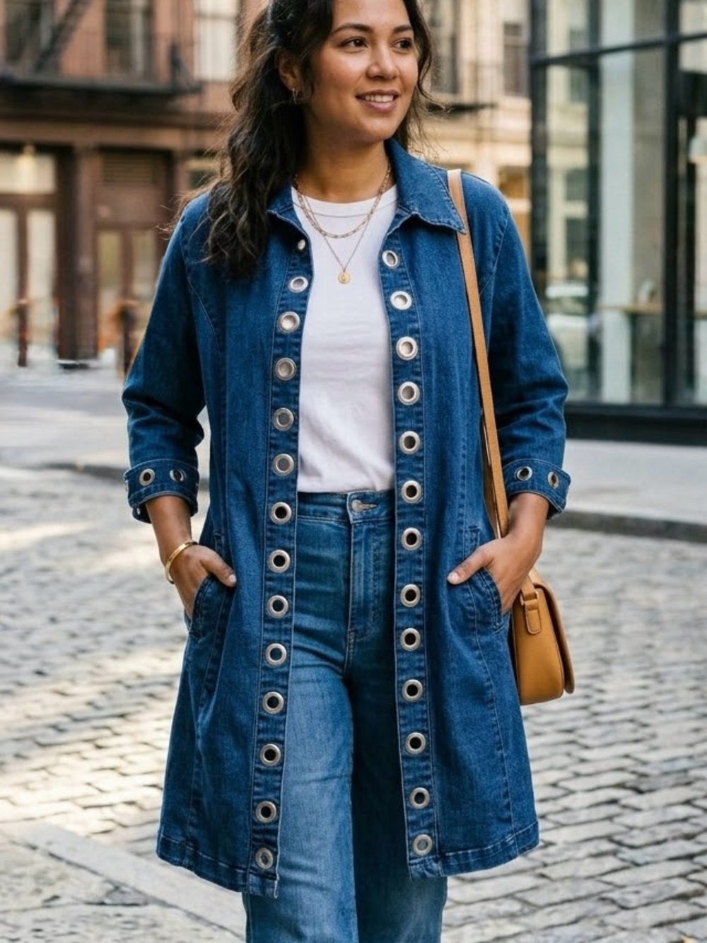 Tia Designs Denim Duster Jacket Large Grommet Accent Longline Blue Jean Coat